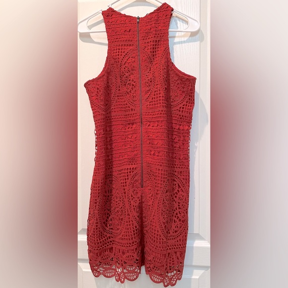 Revolve| Lovers + Friends Warm Red Sleeveless Crochet Lace Mini Shift Dress - Picture 6 of 11